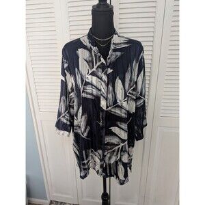 Drapers & Damons Blouse Women's XL Navy Sheer Leaves Satin Stripe Top Romantic